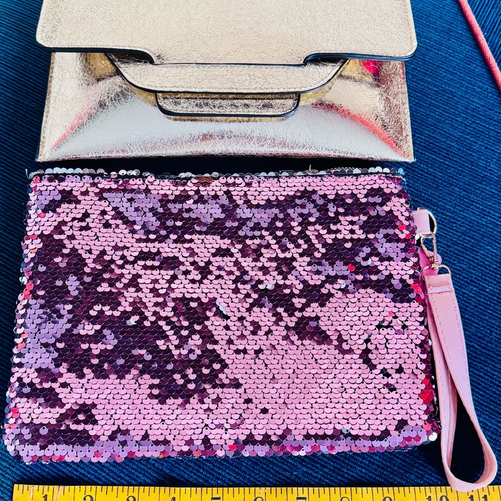 Gold Clutch and Pink Sequin Clutch
